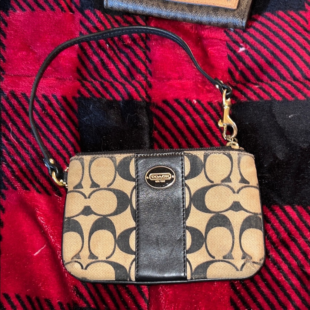Coach Khaki and Black Signature Canvas Wristlet